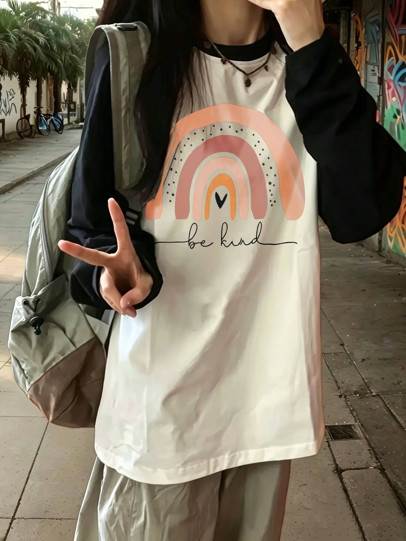 harajuku vintage Casual Rainbo - Tee Graphic Print ulasan dan harga